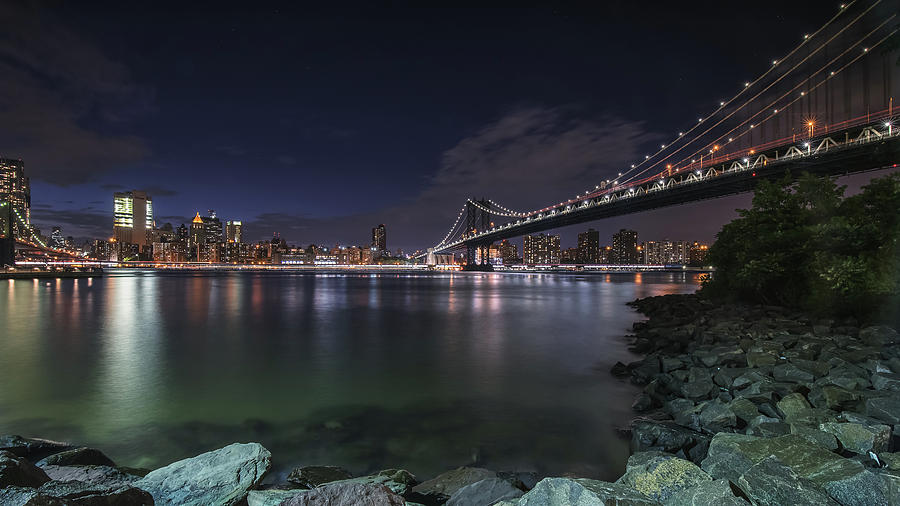 Manhattan Bridge Twinkles at Night Photograph by Alissa Beth Photography