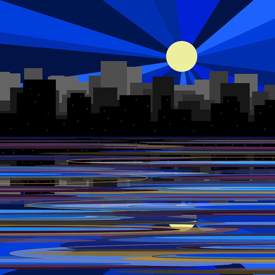 Whimsical Blue City Moonrise Digital Art by Val Arie
