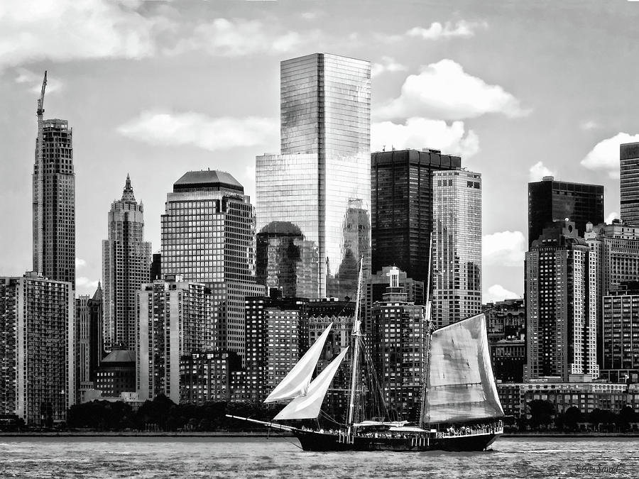 Manhattan NY - Schooner Seen From Liberty State Park Black and White Photograph by Susan Savad