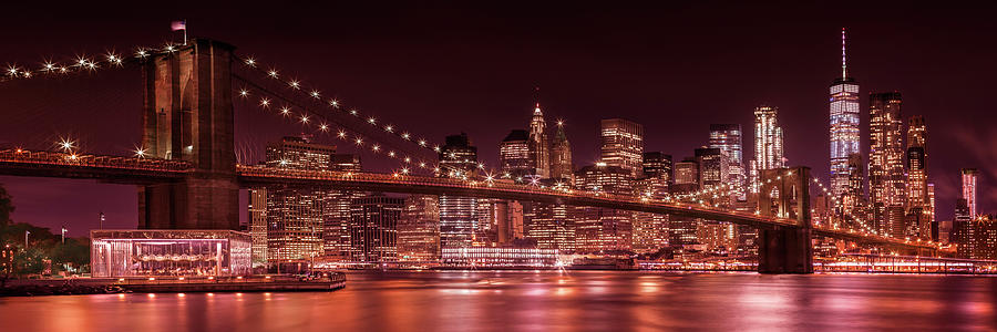 Panoramic Skyline of Brooklyn Bridge and Manhattan at Night