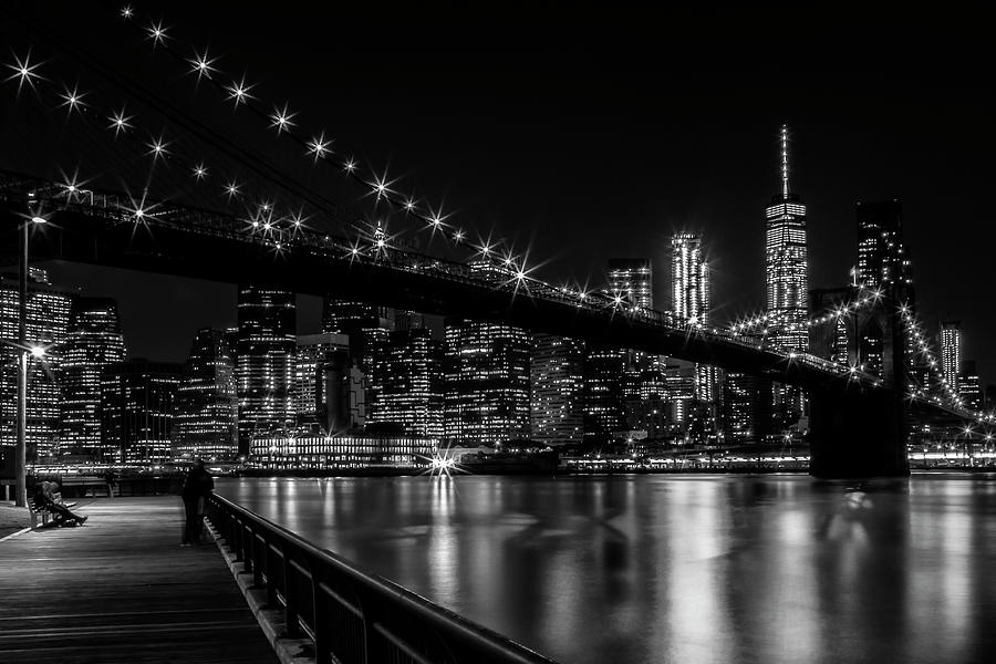 Brooklyn Bridge and Manhattan skyline in black and white, New York