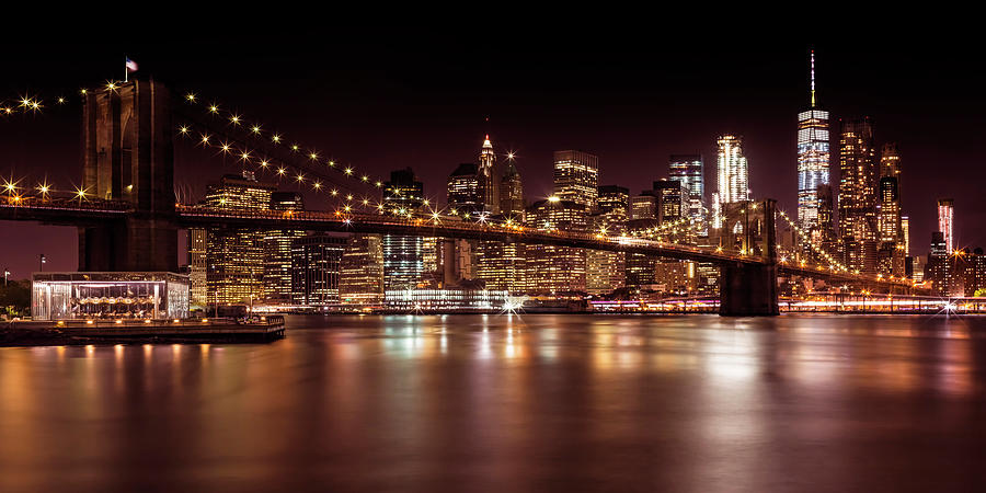 Panoramic Skyline of Brooklyn Bridge and Manhattan at Night