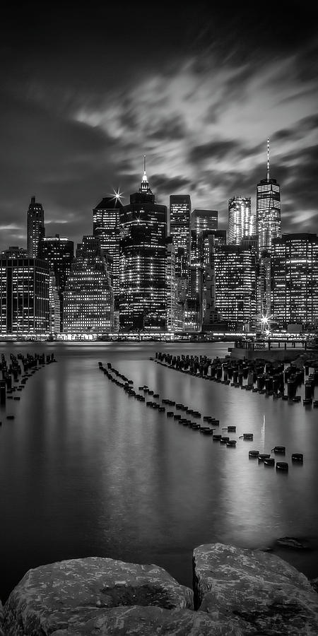 MANHATTAN SKYLINE Evening Atmosphere in New York City - Monochrome Panorama  Photograph by Melanie Viola