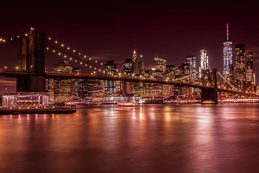 New York City Photograph - MANHATTAN SMANHATTAN SKYLINE AND BROOKLYN BRIDGE Sunset  by Melanie Viola
