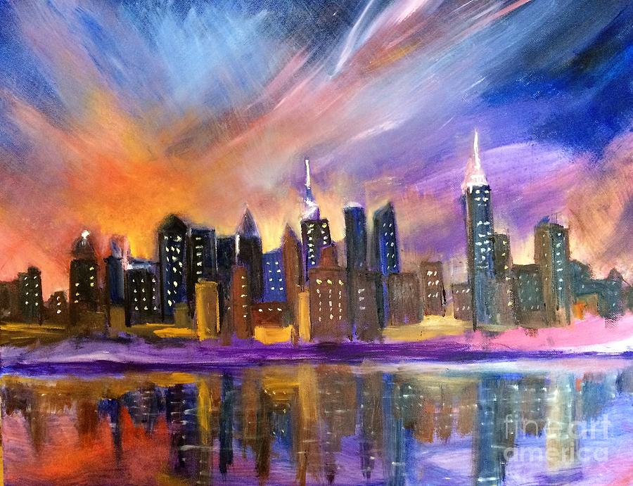 Manhattan sunset Painting by Nancy Anton