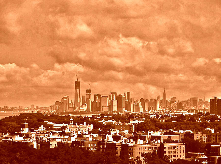 Manhattan in the Clouds Sepia Mixed Media by Stacie Siemsen