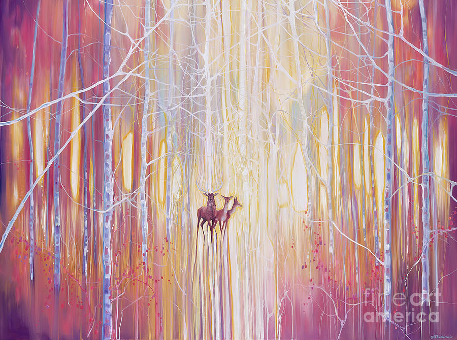 Red Deer Painting - Manifestation - a winter woodland landscape with deer by Gill Bustamante