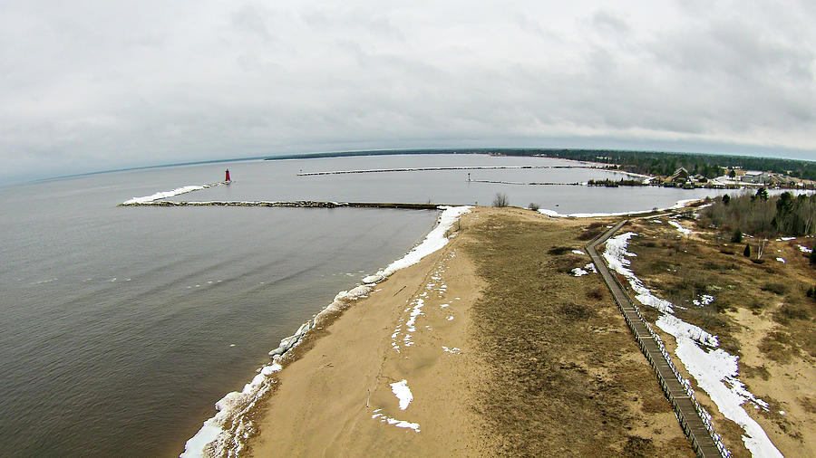 Manistique East Breakwater Lighthouse aerial in spring Photograph by Alex Grichenko