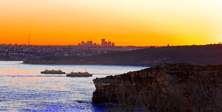 Sunset Photograph - Manly Ferries Passing Each Other by Miroslava Jurcik