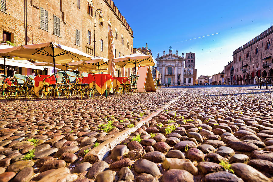 Mantova city paved Piazza Sordello and idyllic cafe view Photograph by Brch Photography