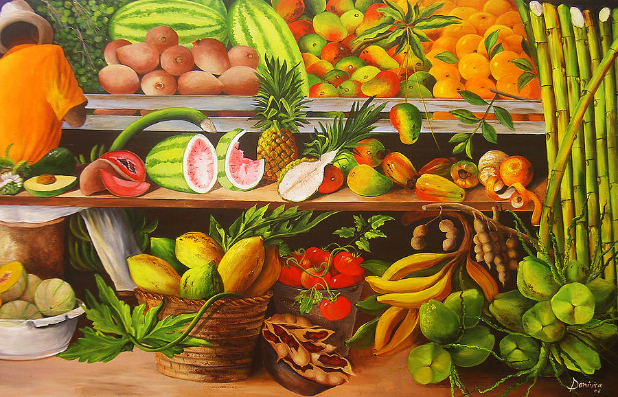 Mango Painting - Manuel Working In His Fruit Stand by Dominica Alcantara
