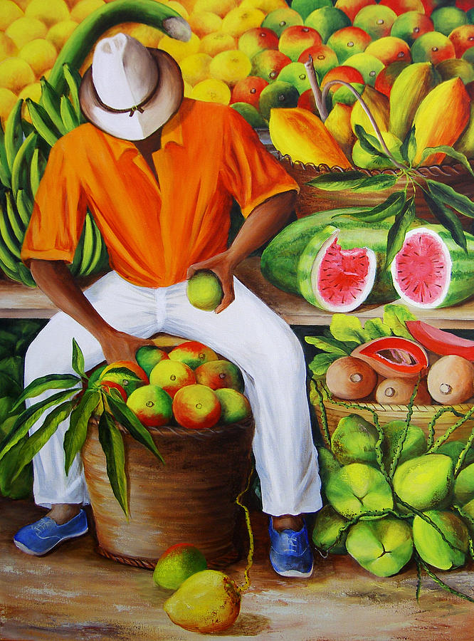 Caribbean Painting - Manuel the Caribbean Fruit Vendor  by Dominica Alcantara
