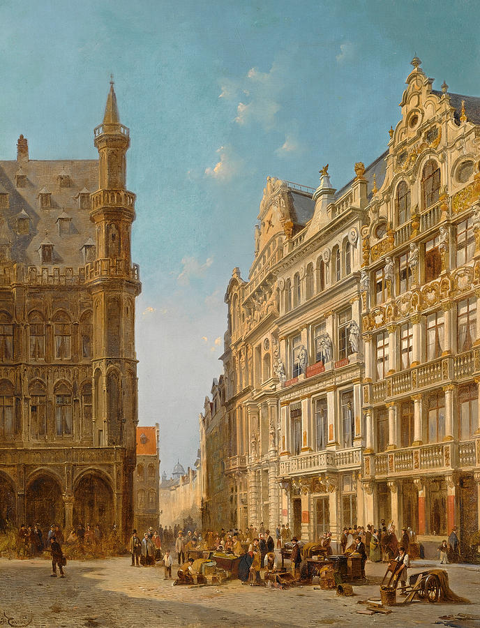 Many Figures at an Auction on the Grande Place in Brussels Painting by Jacques Carabain