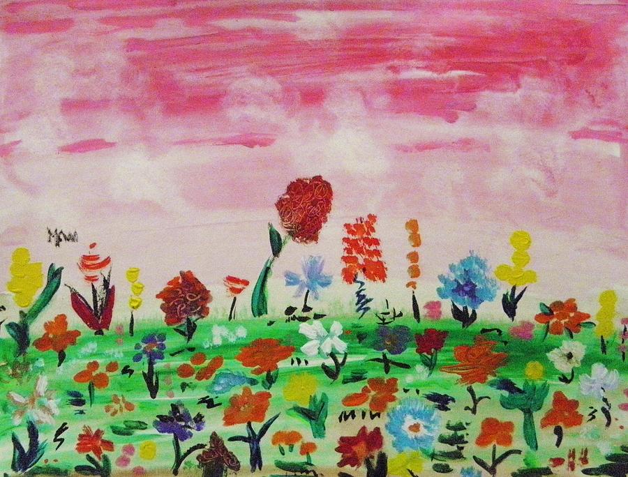 Many Flowers Under Pink Sky Painting by Mary Carol Williams