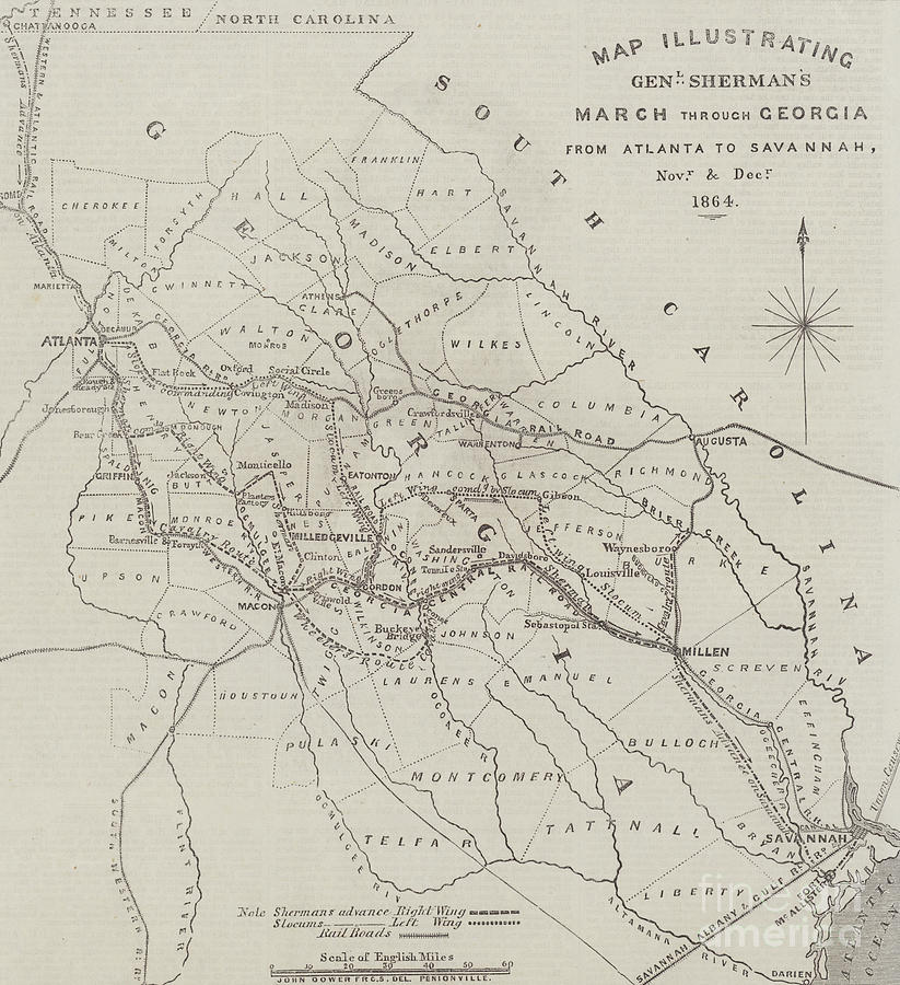 Map Drawing - Map illustrating General Shermans March through Georgia  by John Dower