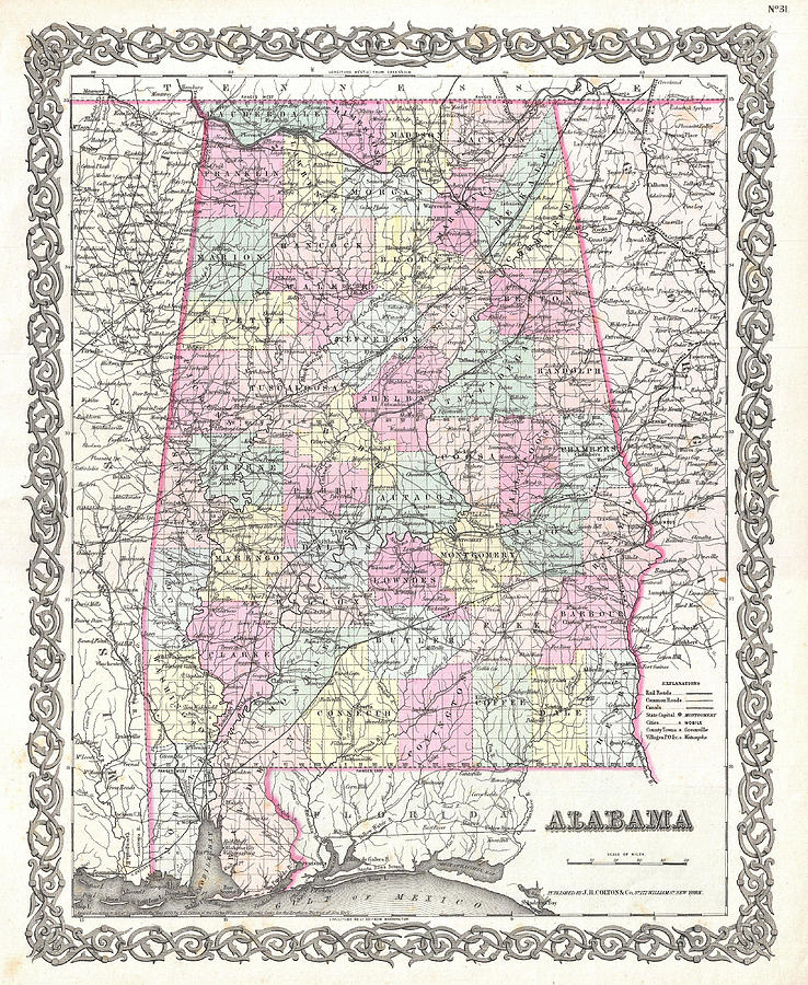 Map of Alabama  Drawing by Joseph Hutchins Colton