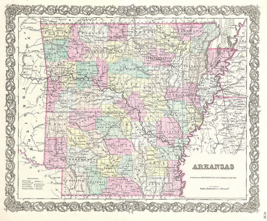 Map of Arkansas Drawing by Joseph Hutchins Colton