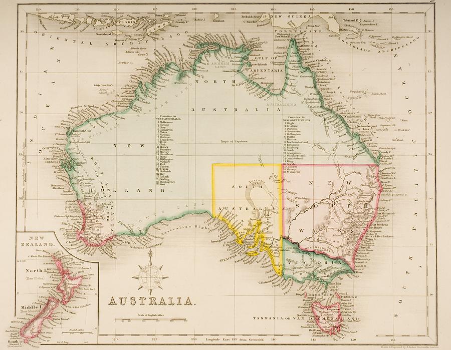 Map Of Australia And New Zealand. Drawn Drawing by Vintage Design Pics ...