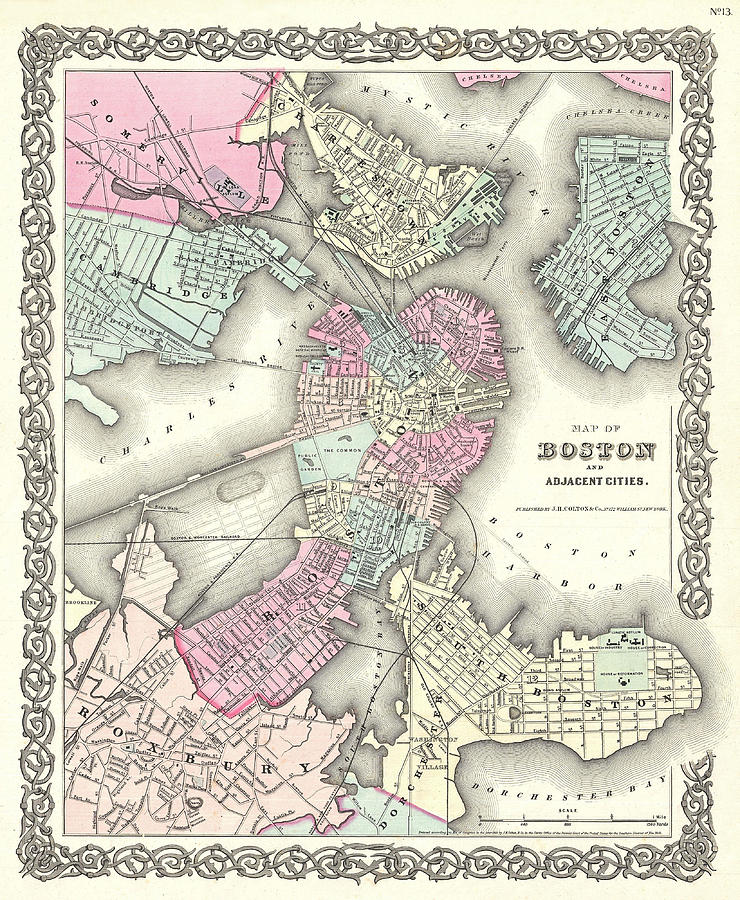 Map of Boston Drawing by Joseph Hutchins Colton