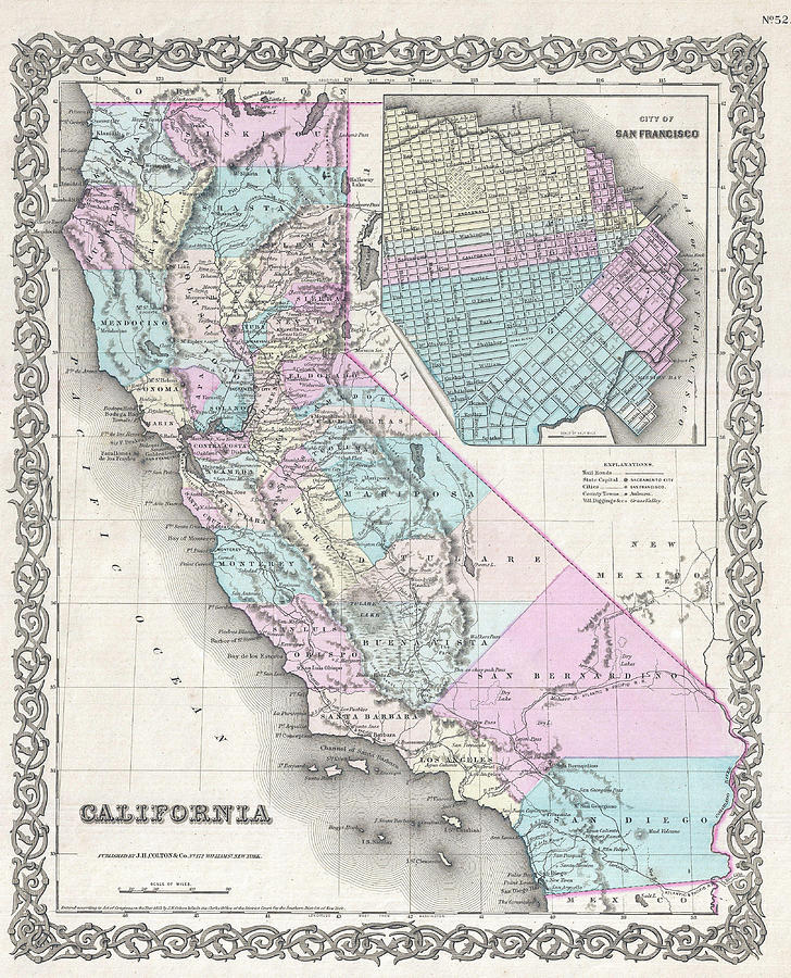 Map of California and San Francisco Drawing by Joseph Hutchins Colton