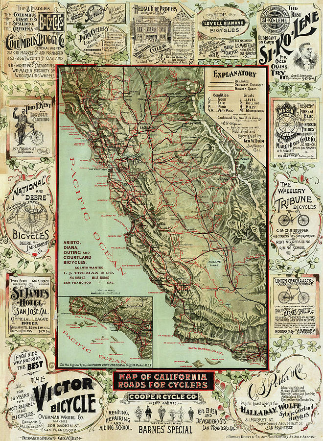 Map of California Roads for Cyclers 1895 Digital Art by Bill Cannon