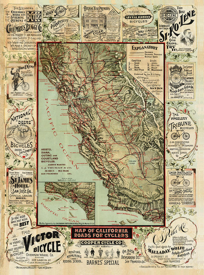 Map of California Roads for Cyclers - Historical maps Drawing by Studio Grafiikka