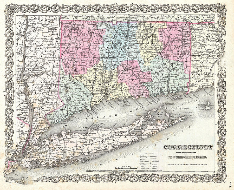 Map of Connecticut and Long Island Drawing by Joseph Hutchins Colton
