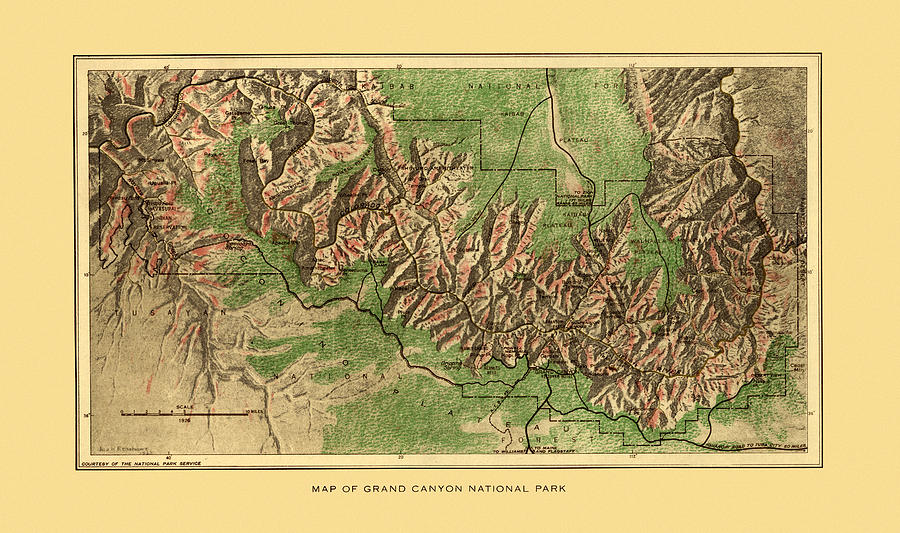 Grand Canyon National Park Photograph - Map Of Grand Canyon 1926 by Andrew Fare