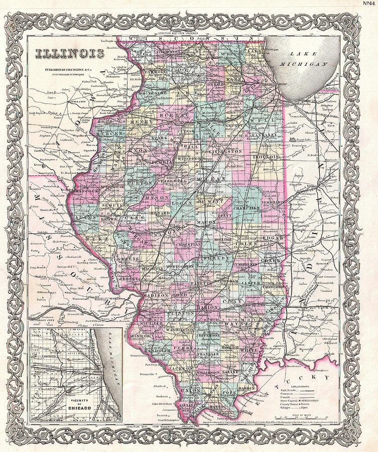 Map of Illinois Drawing by Joseph Hutchins Colton