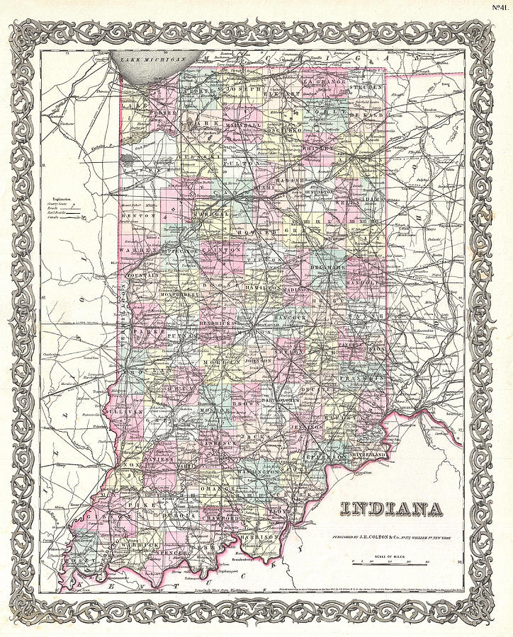 Map of Indiana Drawing by Joseph Hutchins Colton