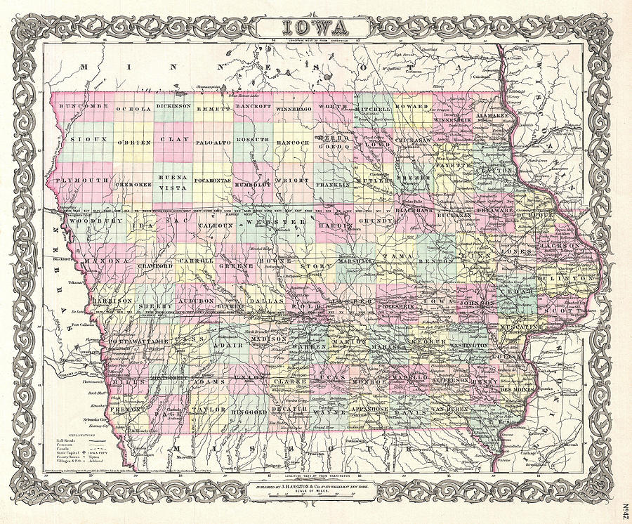 Map of Iowa Drawing by Joseph Hutchins Colton