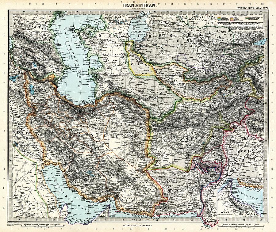Map of Iran and Turan in Qajar dynasty drawn by Adolf Stieler Painting by Celestial Images