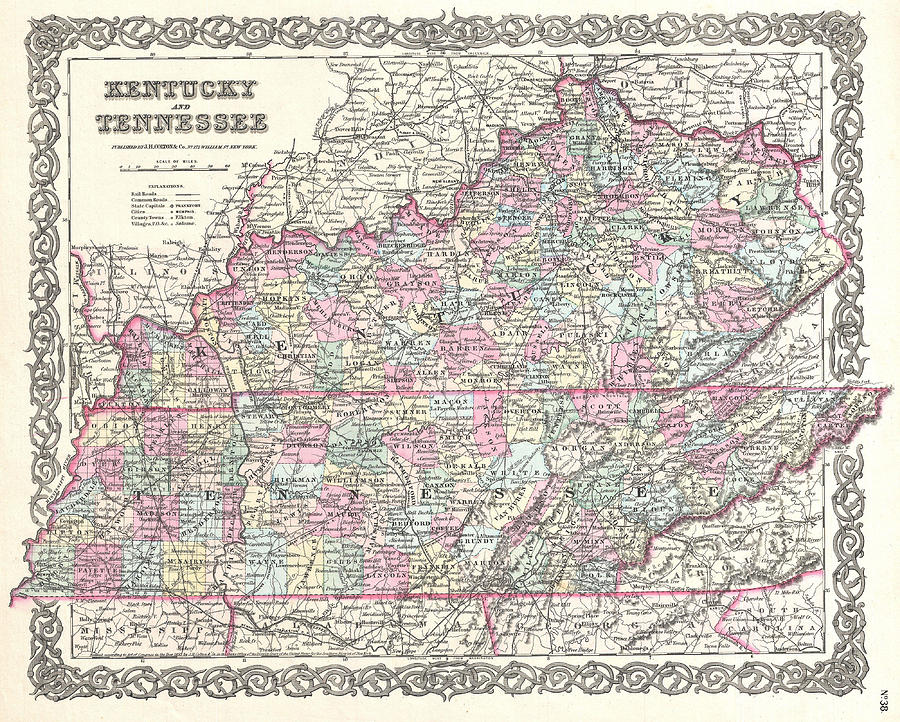 Map of Kentucky and Tennessee Drawing by Joseph Hutchins Colton