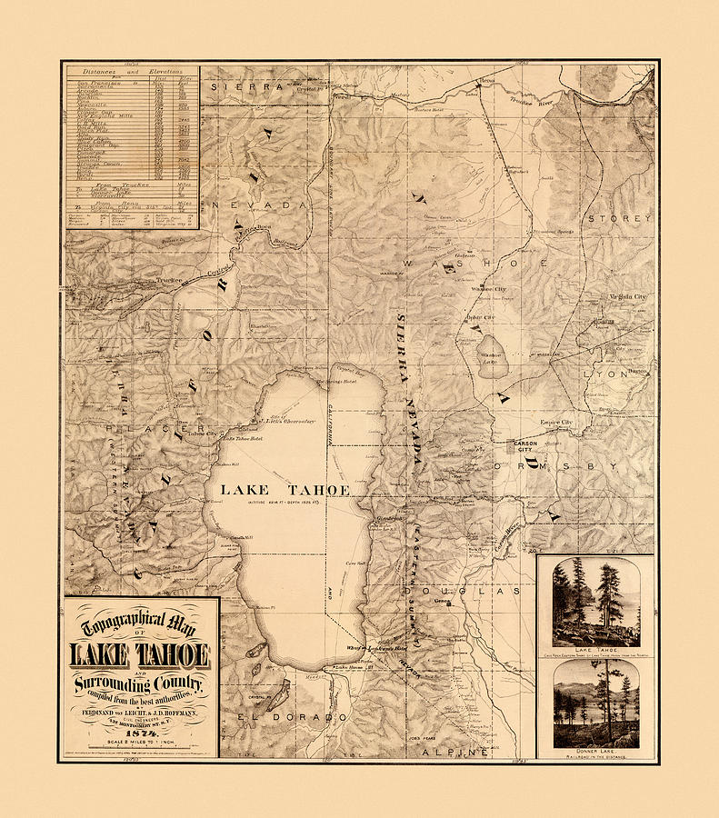 Map Of Lake Tahoe 1874 Photograph by Andrew Fare
