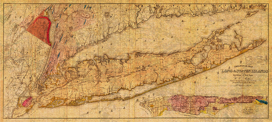 Vintage Mixed Media - Map of Long Island New York State in 1842 on Worn Distressed Canvas  by Design Turnpike