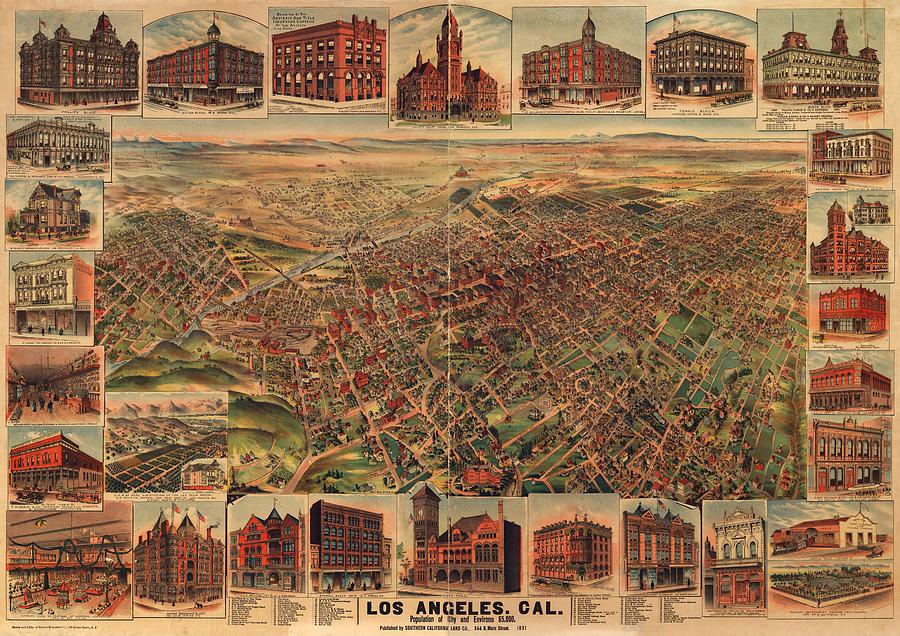 Map of Los Angeles 1891 Drawing by Mountain Dreams