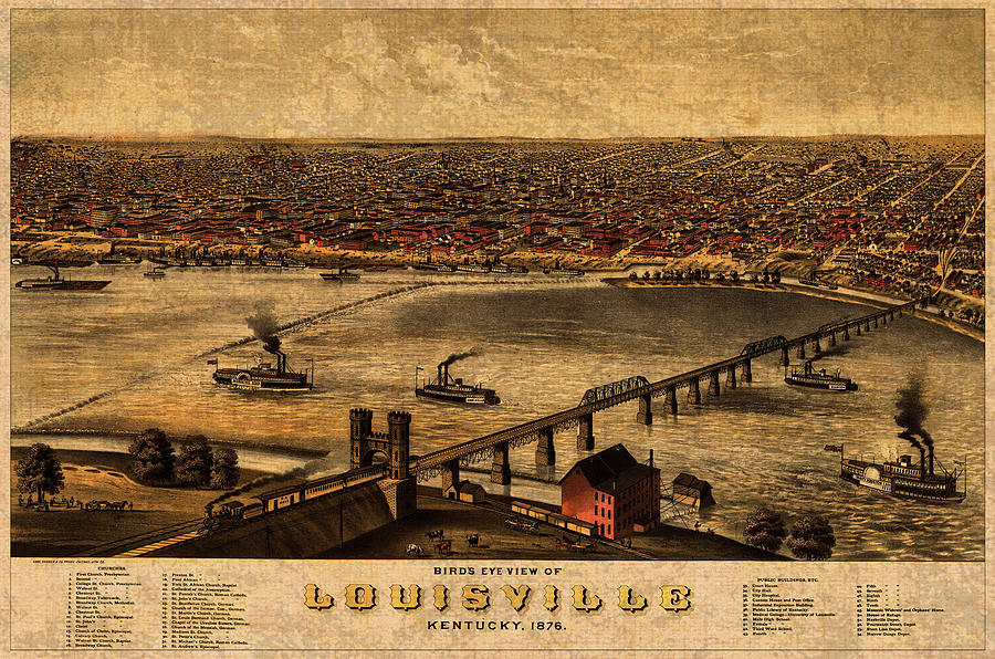 Map Of Louisville Kentucky Vintage Birds Eye View Aerial Schematic On Old Distressed Canvas Mixed Media