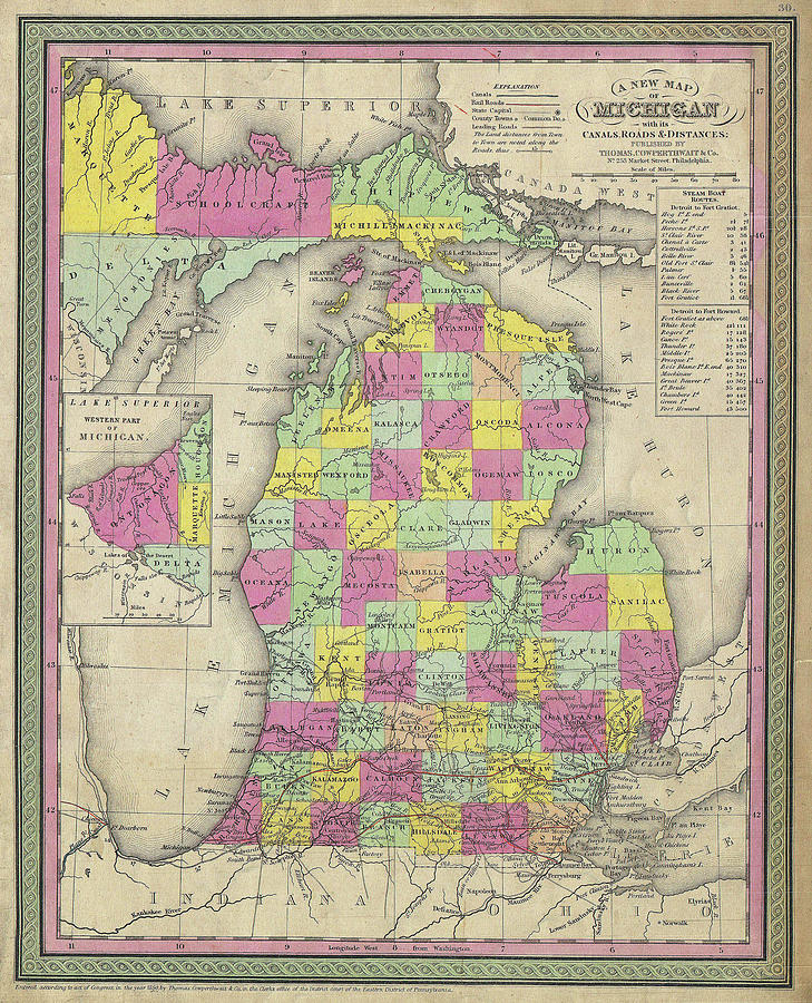 Map of Michigan 1853 Drawing by Mountain Dreams