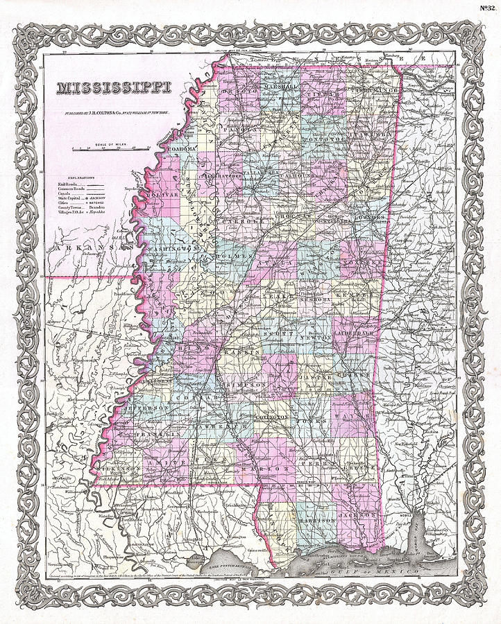 Map of Mississippi Drawing by Joseph Hutchins Colton