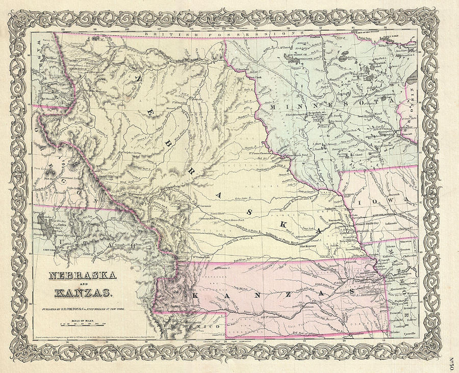 Map of Nebraska and Kansas Drawing by Joseph Hutchins Colton