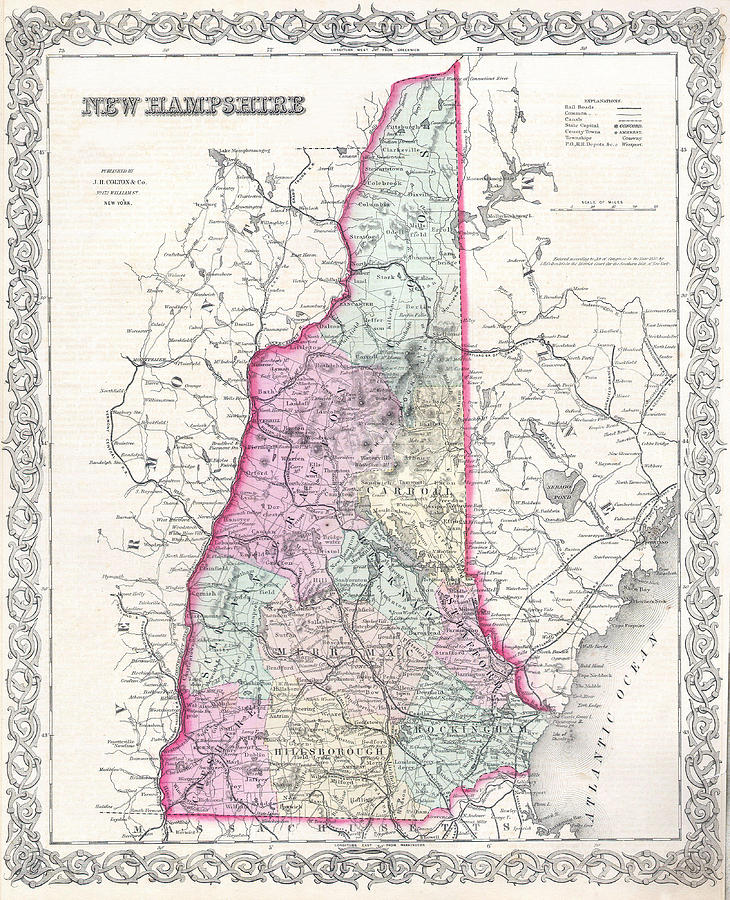 Map Of New Hampshire Drawing - Map of New Hampshire by Joseph Hutchins Colton 