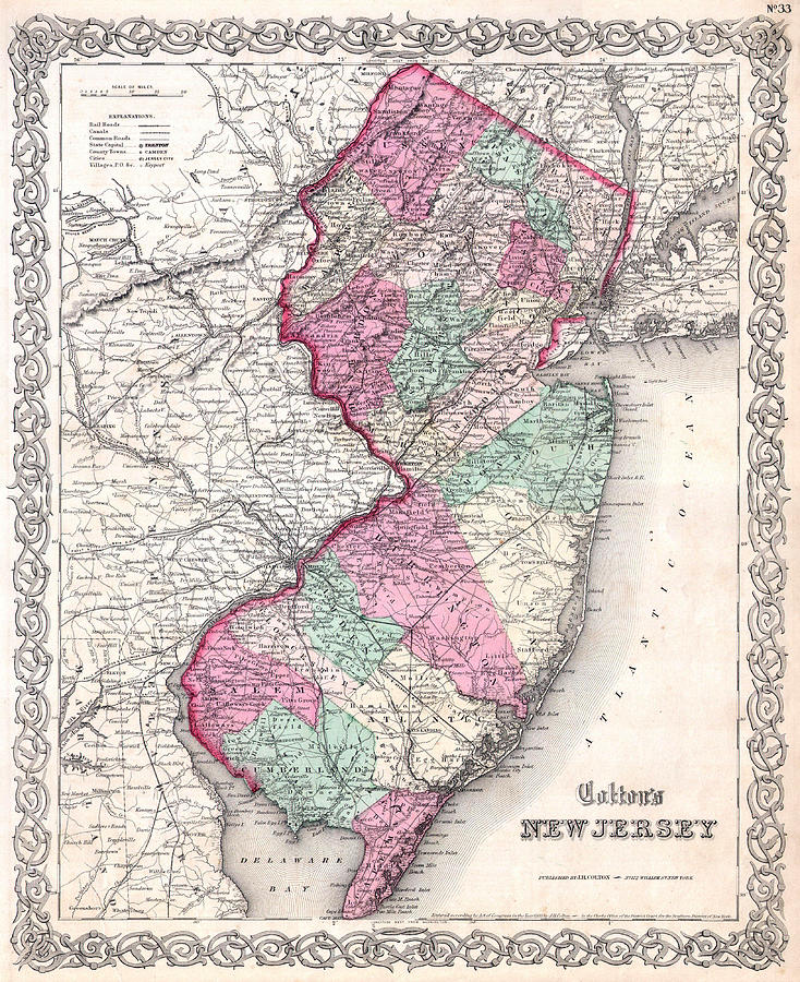Map of New Jersey Drawing by Joseph Hutchins Colton 