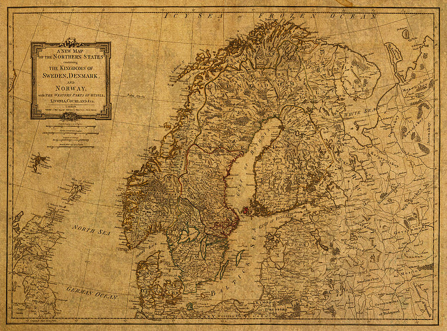 Map Of Norway Sweden Denmark And Scandinavia Circa 1794 On Worn Distressed Parchment Mixed Media
