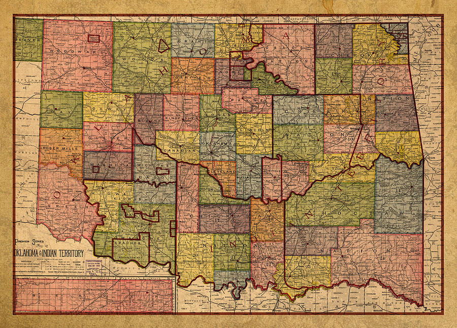 Oklahoma Map Mixed Media - Map of Oklahoma Vintage Antique of Worn Canvas 1905 by Design Turnpike