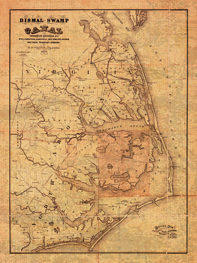 Beach Mixed Media - Map of Outer Banks North Carolina Dismal Swamp Canal Currituck Albemarle Pamlico Sounds Circa 1867  by Design Turnpike