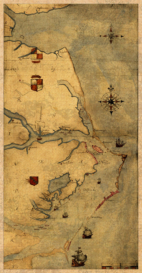 Vintage Mixed Media - Map of Outer Banks Vintage Coastal Handrawn Schematic on Parchment Circa 1585 by Design Turnpike