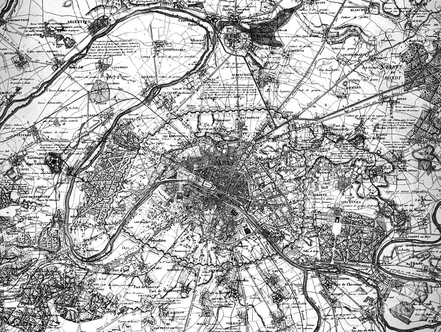 Map of Paris and the outskirts in 1840 Drawing by French School