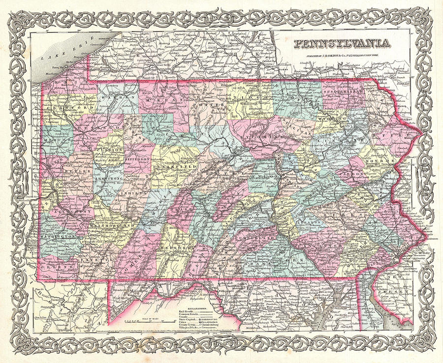 Map of Pennsylvania Drawing by Joseph Hutchins Colton