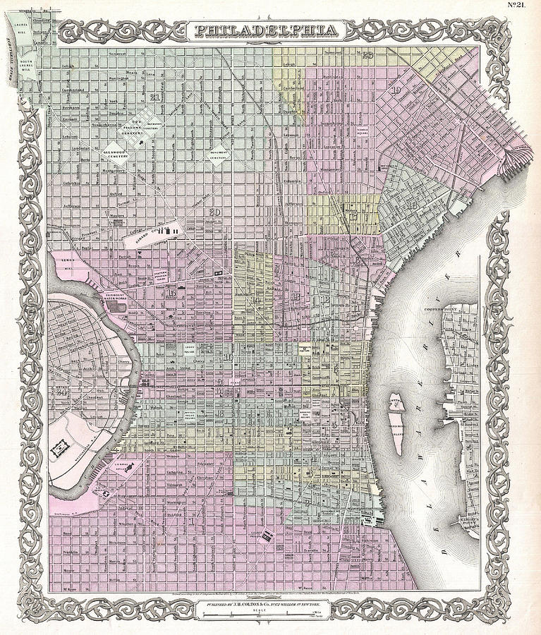 Map of Philadelphia. Pennsylvania Drawing by Joseph Hutchins Colton
