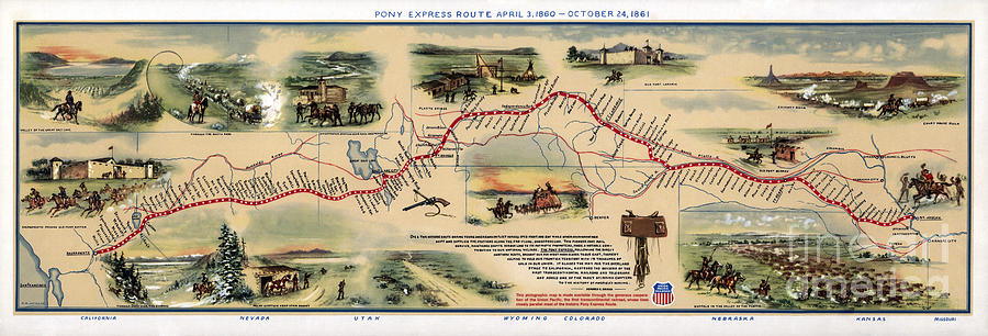 Map Of Pony Express Route, 1860-1861 Photograph by Science Source Map Of Pony Express Route, 1860-1861 Photograph by Science Source